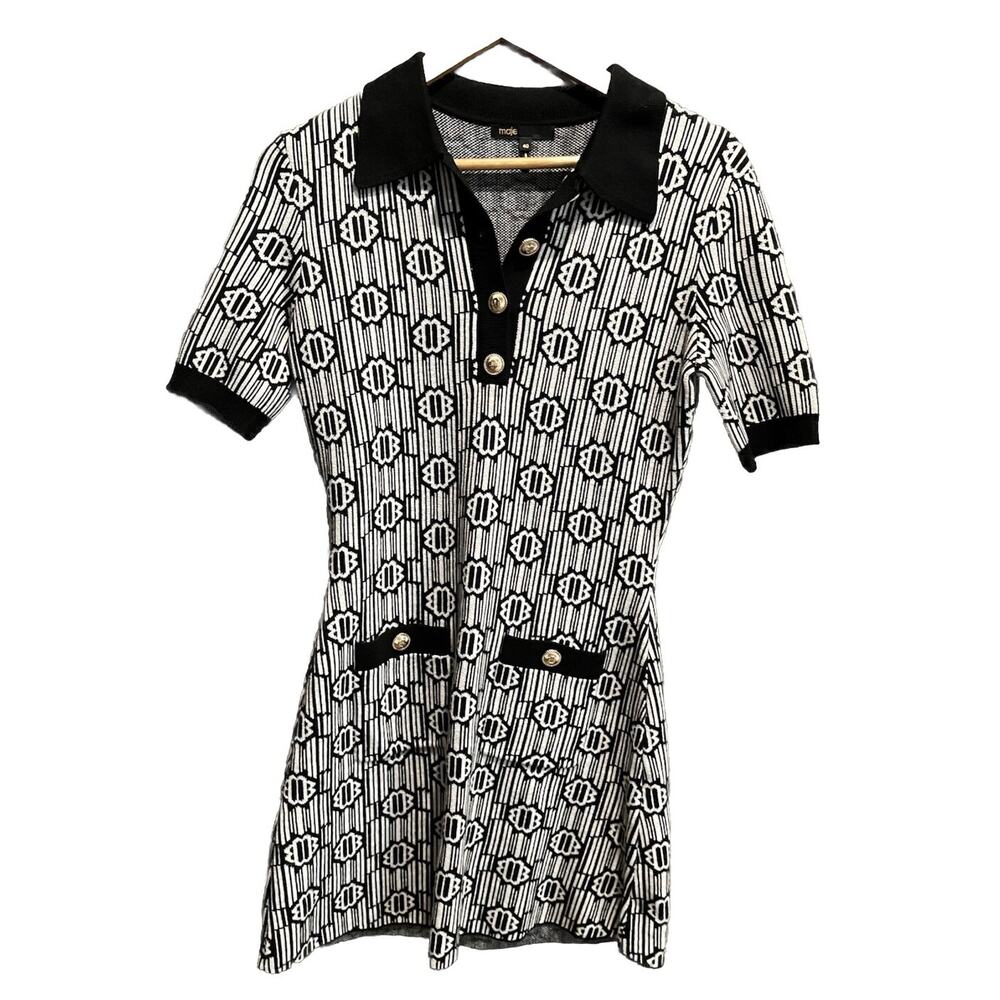 Maje Black and White Knit Polo Mini Dress